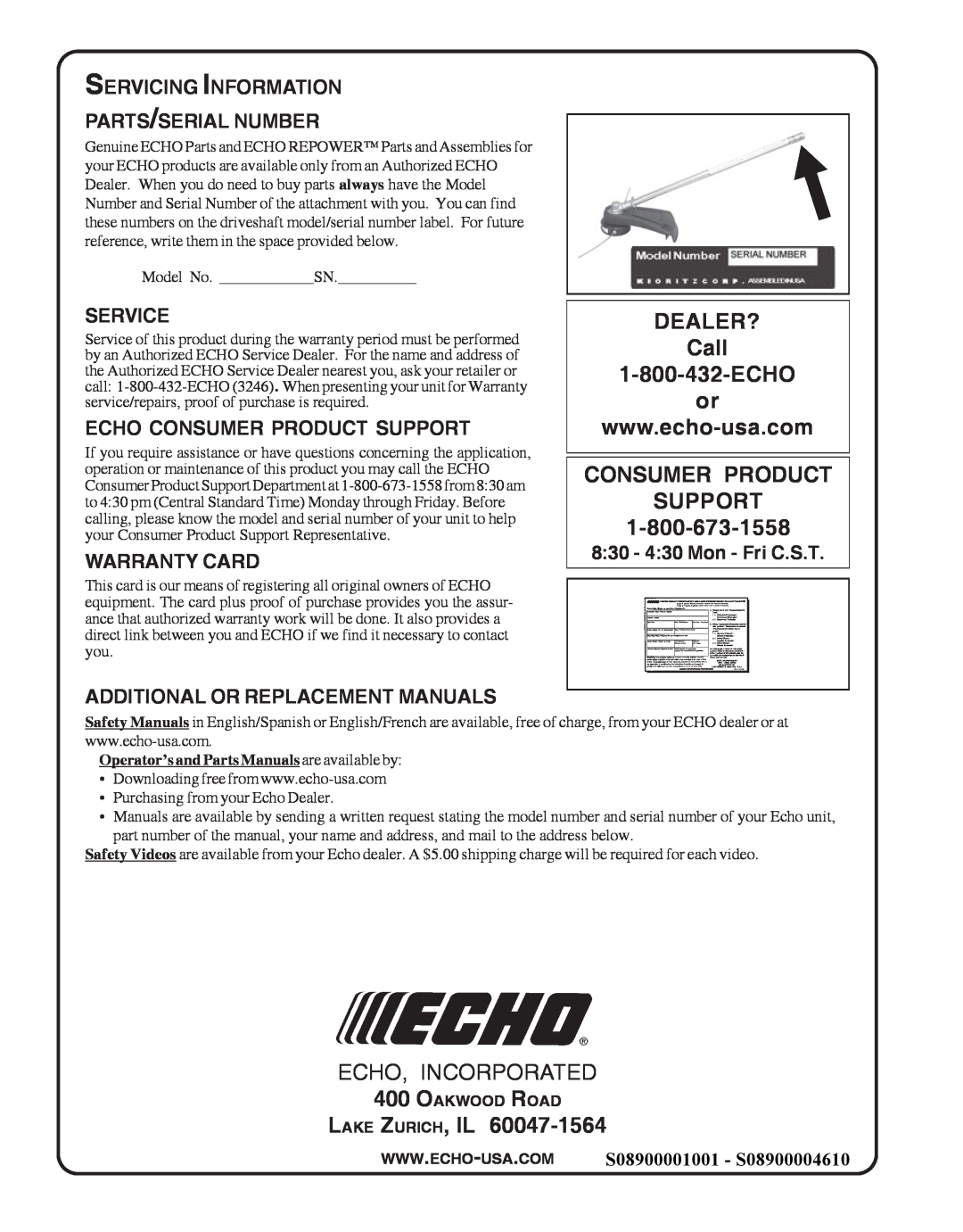 Echo PAS-230, PAS-265 DEALER? Call 1-800-432-ECHO or, Consumer Product Support, Lake Zurich, Il, Service, Warranty Card 