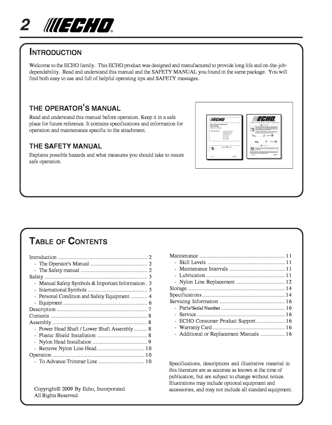 Echo PAS-265, PAS-230, 99944200545, SRM-2400SB manual Introduction, The Operators Manual, The Safety Manual, Table Of Contents 
