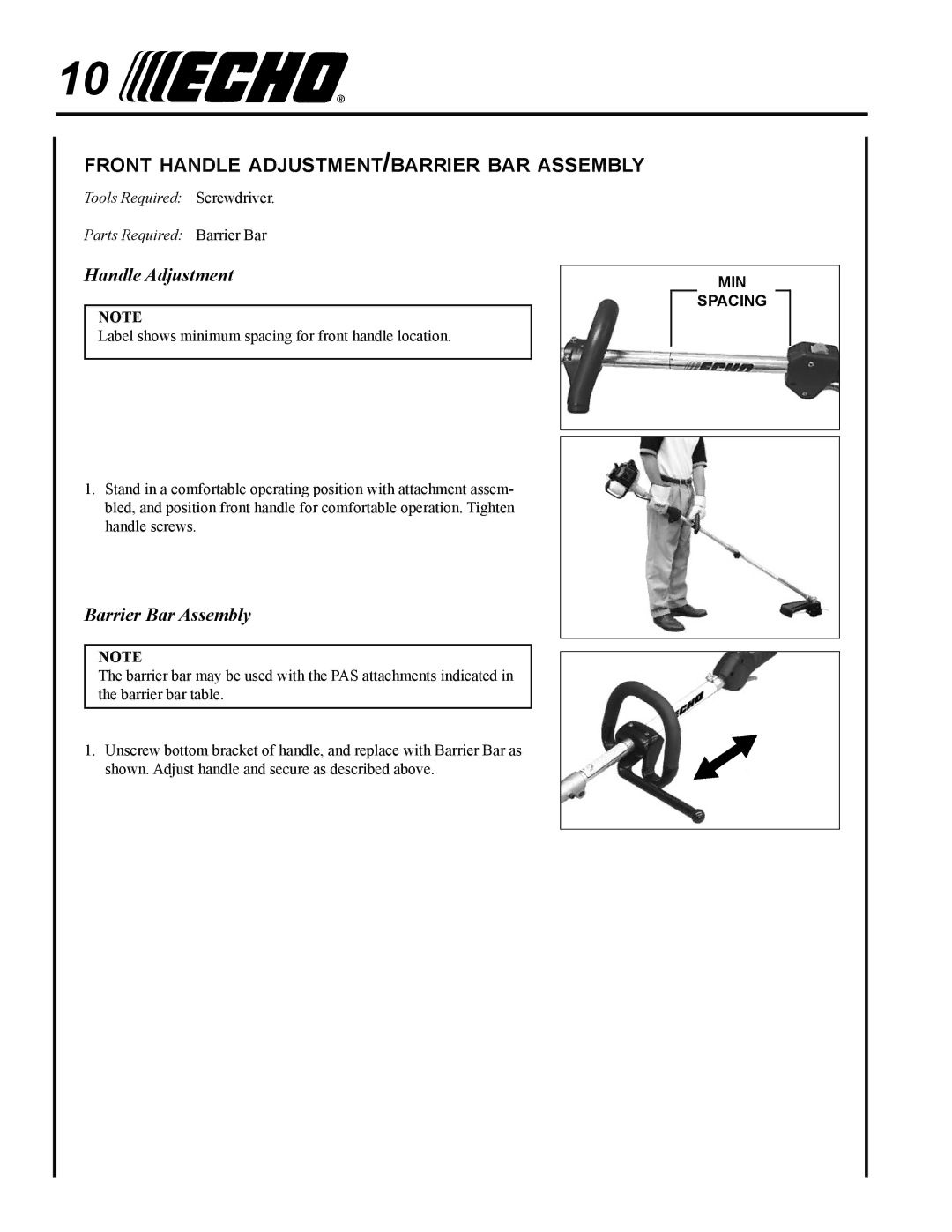 Echo PAS-265 manual Front handle adjustment/barrier bar assembly, Handle Adjustment, Barrier Bar Assembly 