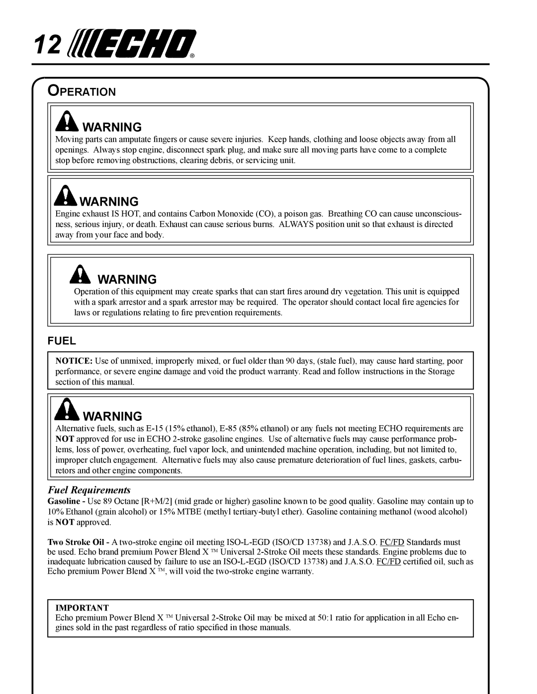 Echo PAS-265 manual Operation, Fuel Requirements 