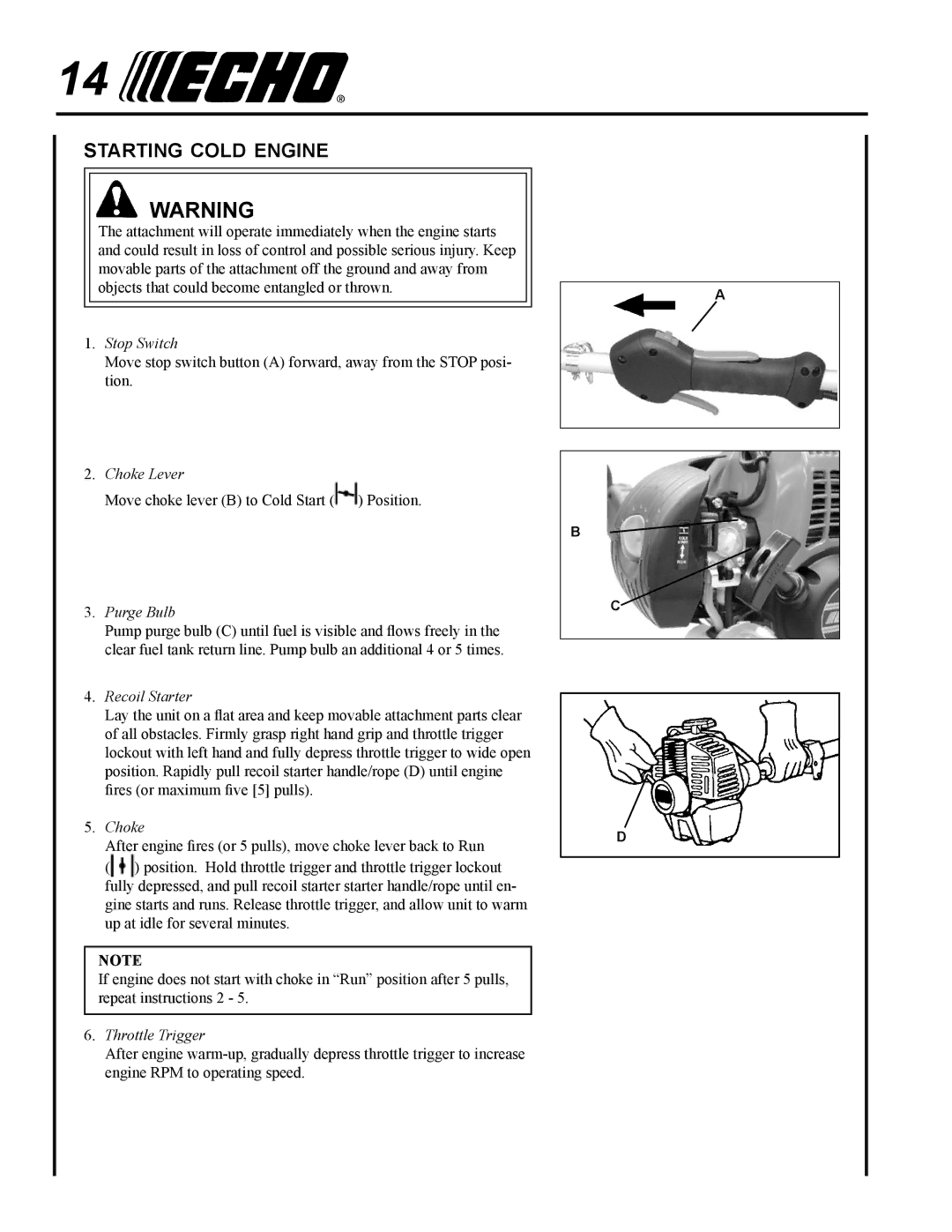 Echo PAS-265 manual Starting cold engine, Purge Bulb 