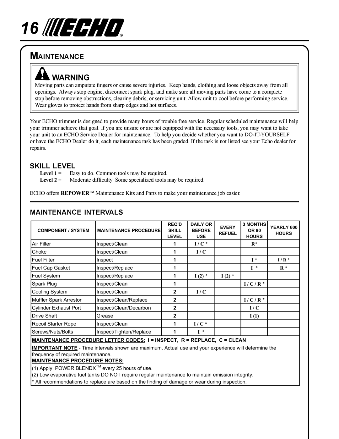 Echo PAS-265 manual Skill level, Maintenance intervals 