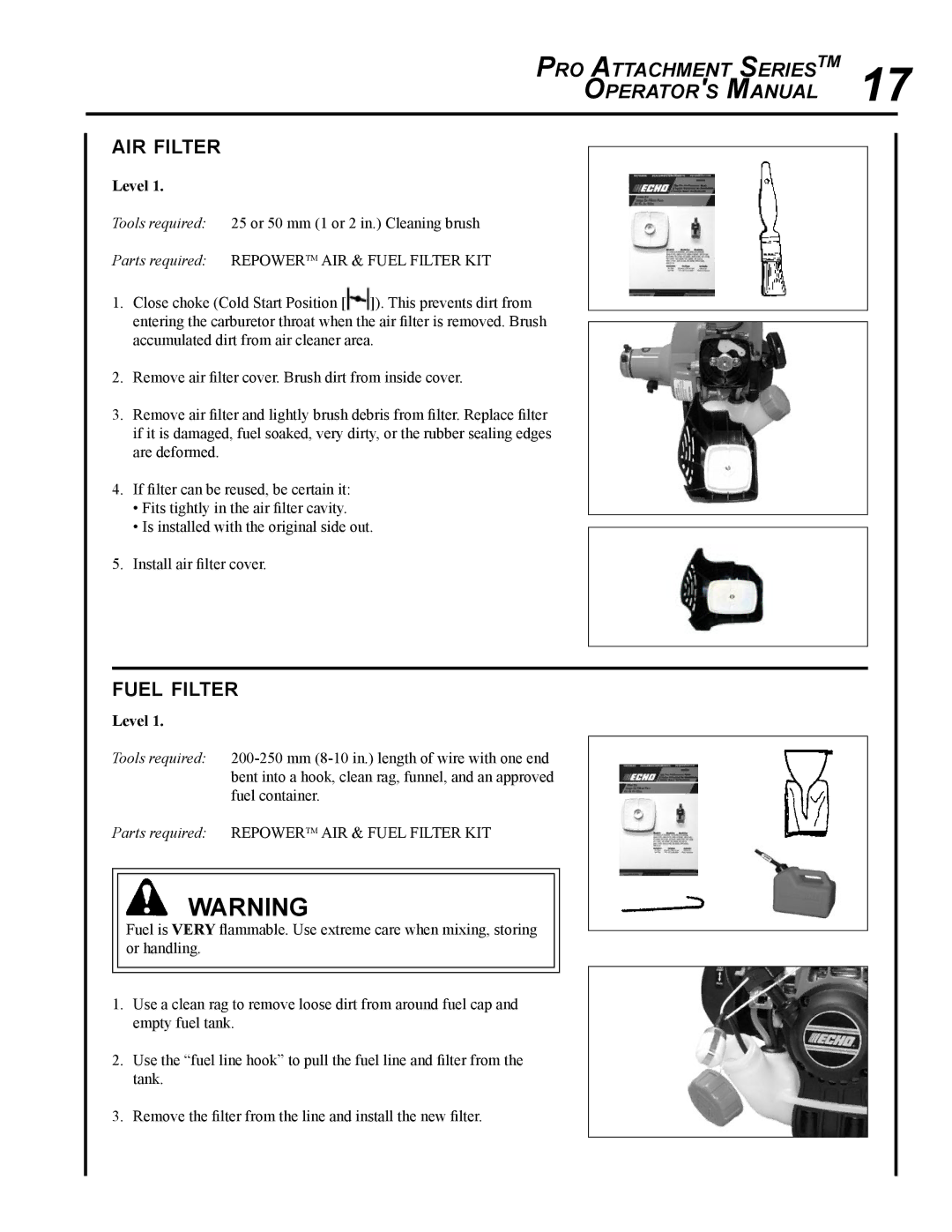 Echo PAS-265 manual Air filter, Fuel filter 