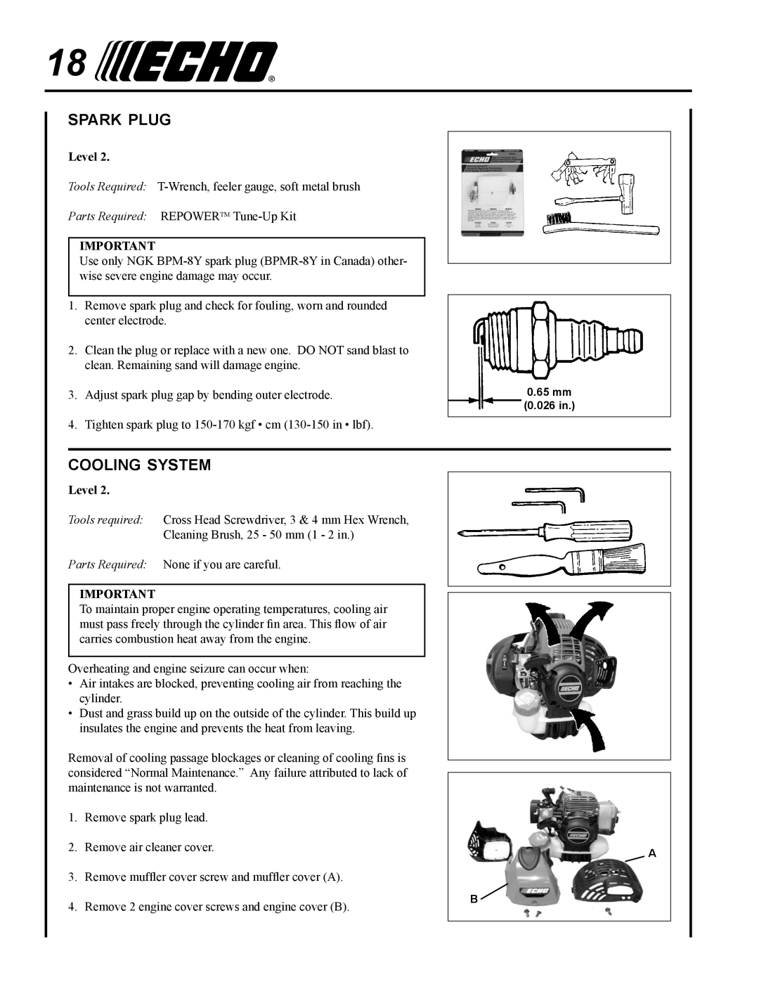 Echo PAS-265 manual Spark plug, Cooling system 