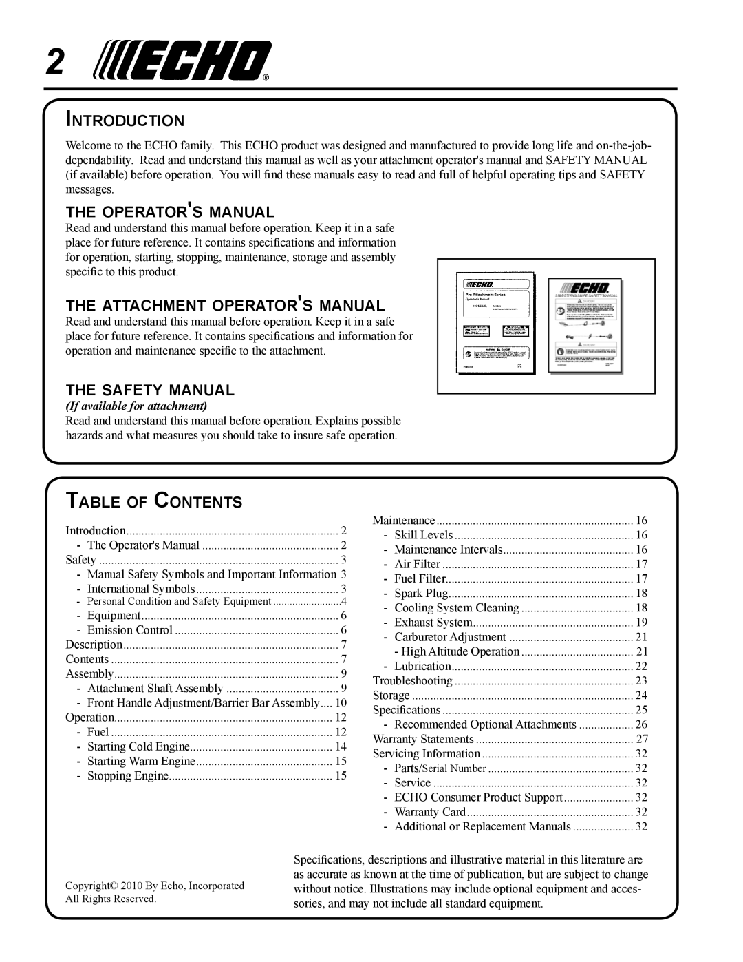 Echo PAS-265 Introduction, Operators manual, Attachment operators manual, Safety manual, Table of Contents 