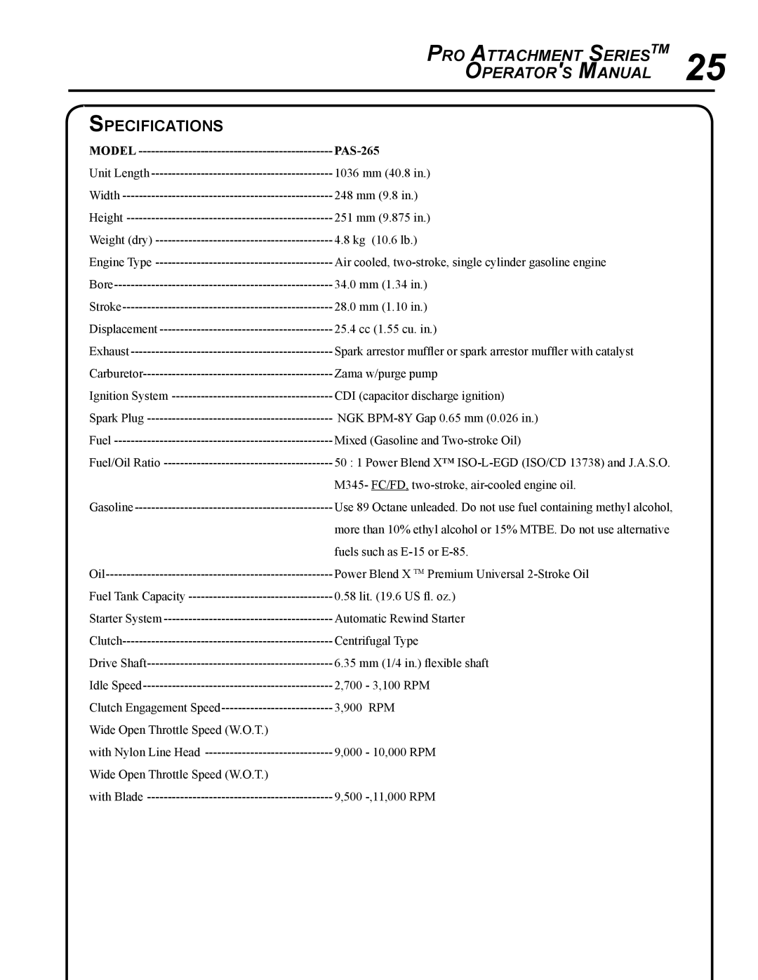 Echo PAS-265 manual Pro Attachment Series TM Operator s Manual, Specifications 