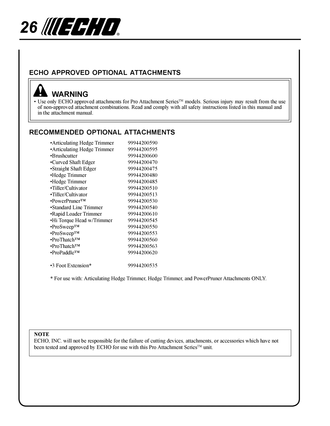 Echo PAS-265 manual Echo approved optional attachments, Recommended optional attachments 