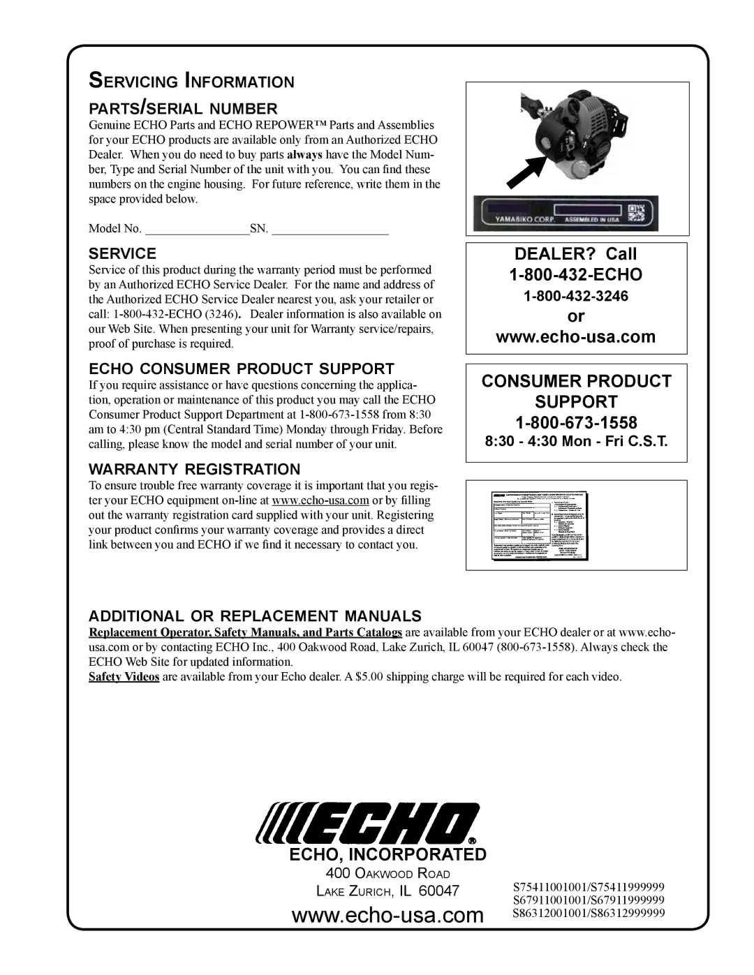 Echo PAS-265 manual Servicing Information parts/serial number, Service, Echo consumer product support 