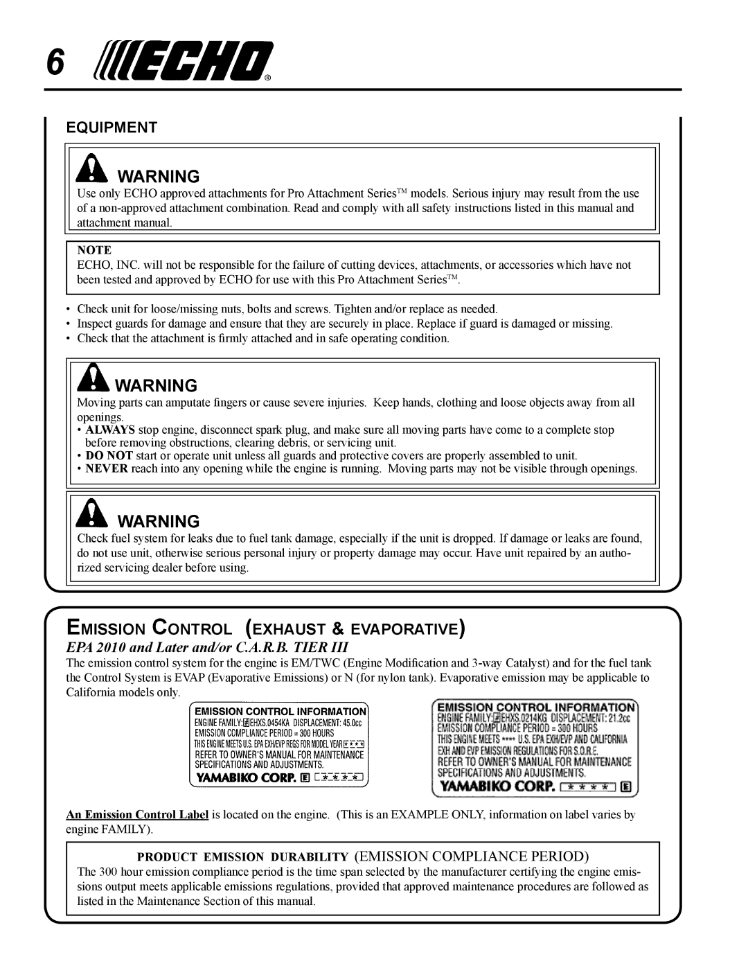 Echo PAS-265 manual Equipment, Emission Control exhaust & evaporative, EPA 2010 and Later and/or C.A.R.B. Tier 