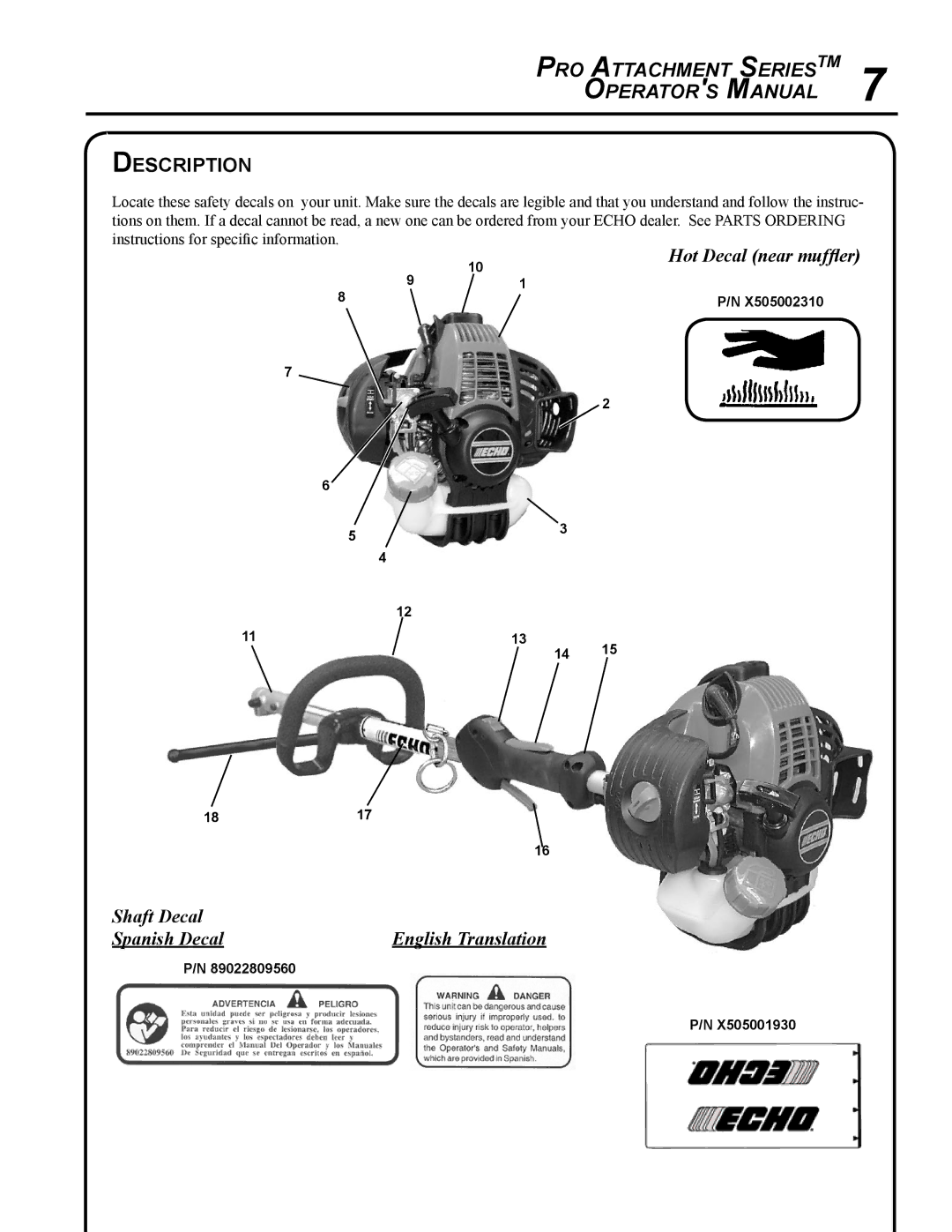 Echo PAS-265 manual Description, Shaft Decal Spanish Decal 