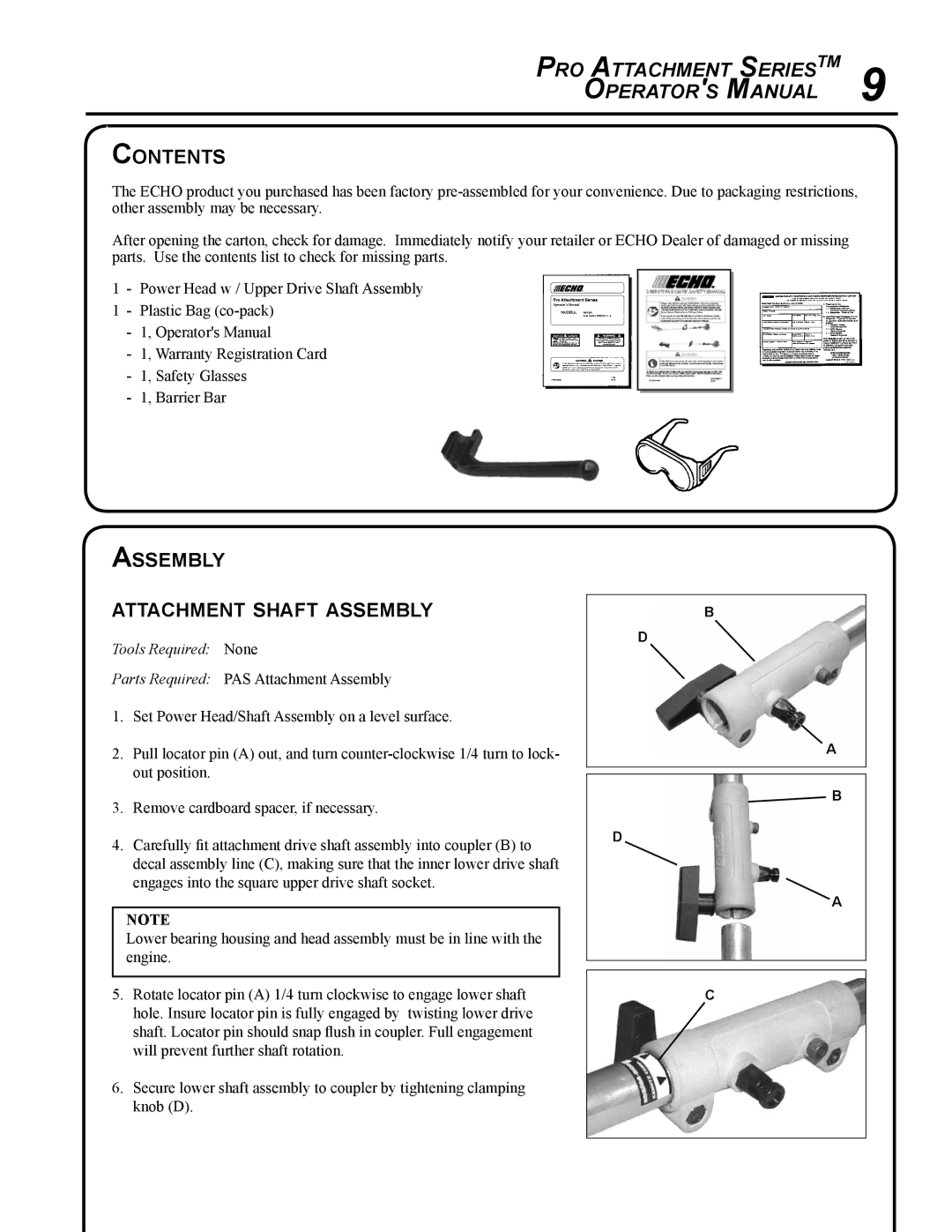 Echo PAS-265 manual Contents, Assembly Attachment shaft assembly 