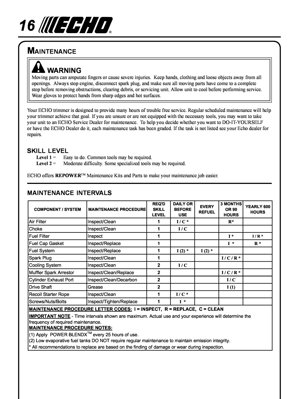 Echo PAS-265 manual Maintenance, skill level, maintenance intervals 