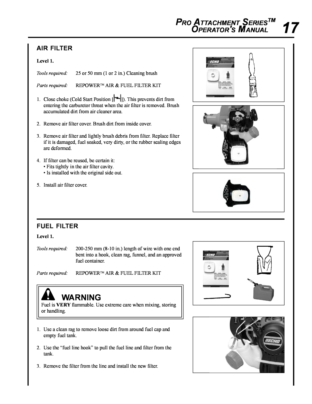 Echo PAS-265 manual air filter, fuel filter, Pro Attachment SeriesTM Operators Manual 