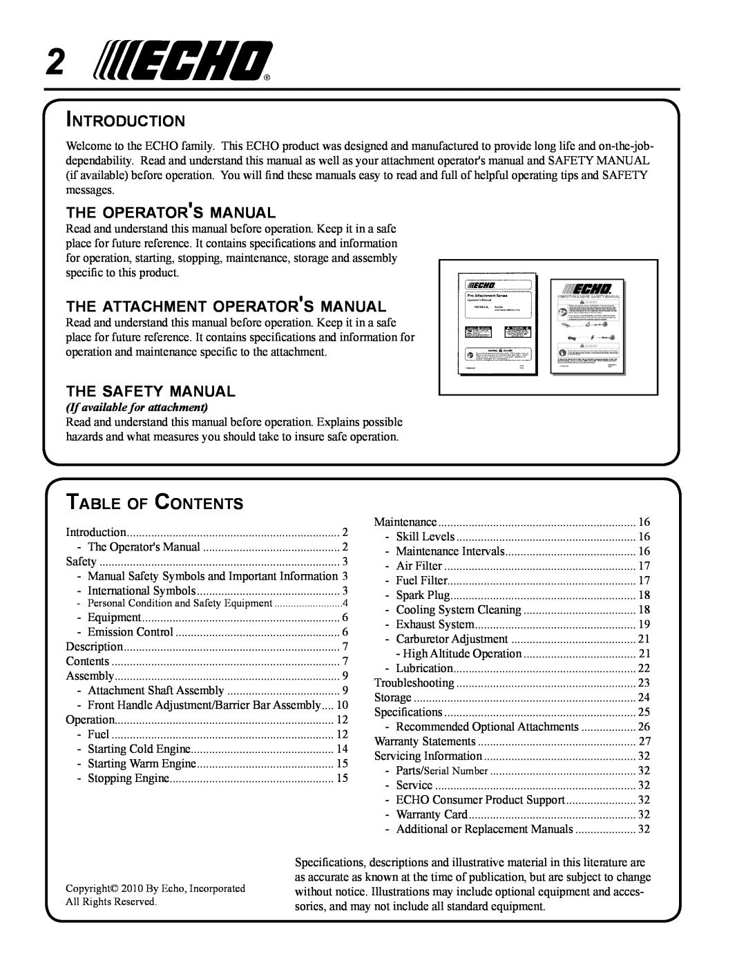 Echo PAS-265 Introduction, the operators manual, the attachment operators manual, the safety manual, Table of Contents 