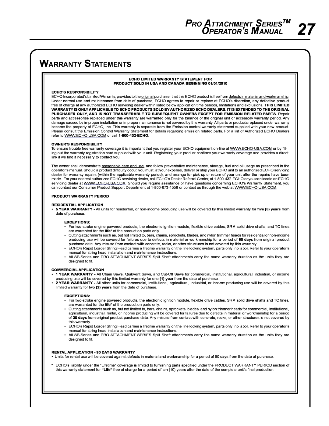 Echo PAS-265 manual Warranty Statements, Pro Attachment SeriesTM Operators Manual, Echo Limited Warranty Statement For 