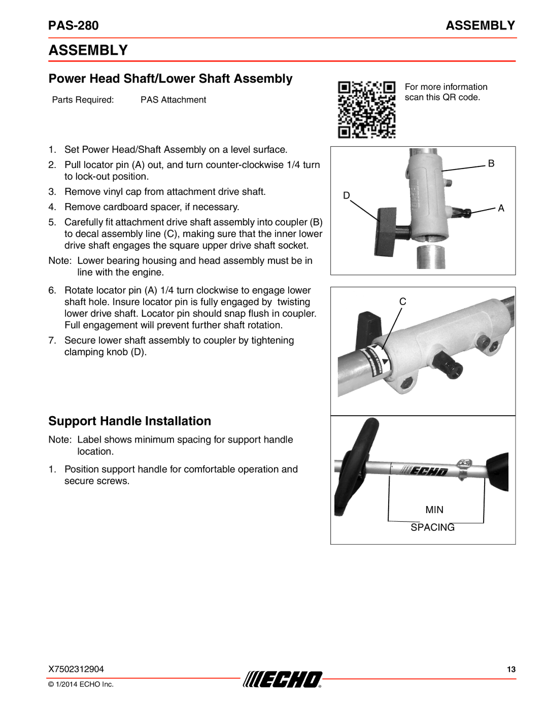 Echo PAS-280 specifications Power Head Shaft/Lower Shaft Assembly, Support Handle Installation 