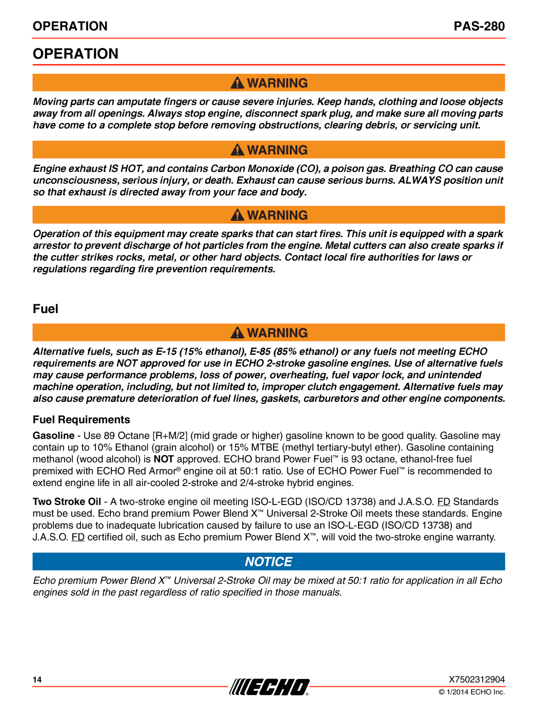 Echo PAS-280 specifications Operation, Fuel Requirements 