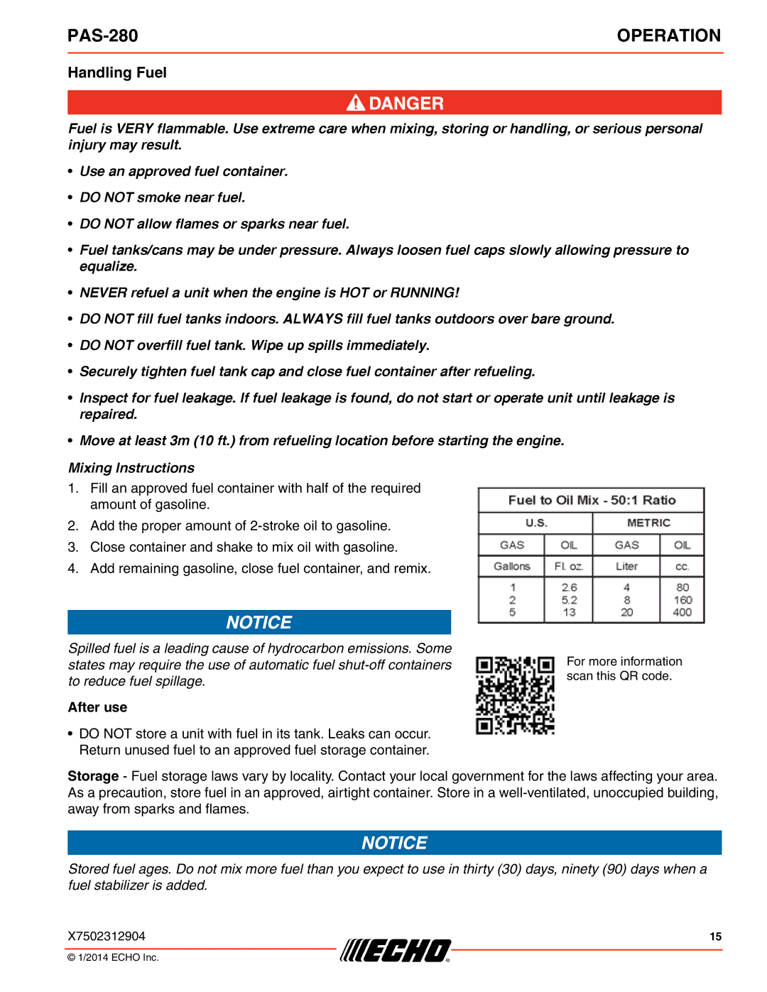 Echo PAS-280 specifications Handling Fuel, After use 