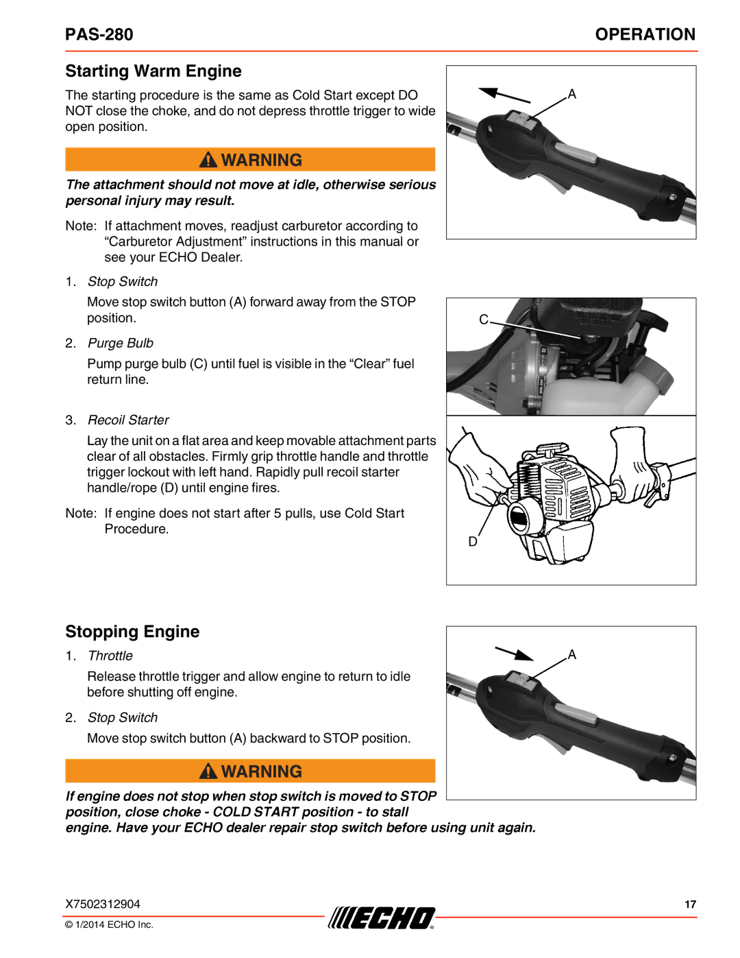 Echo PAS-280 specifications Starting Warm Engine, Stopping Engine 