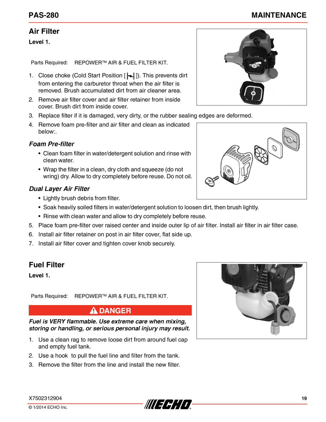 Echo PAS-280 specifications Air Filter, Fuel Filter 