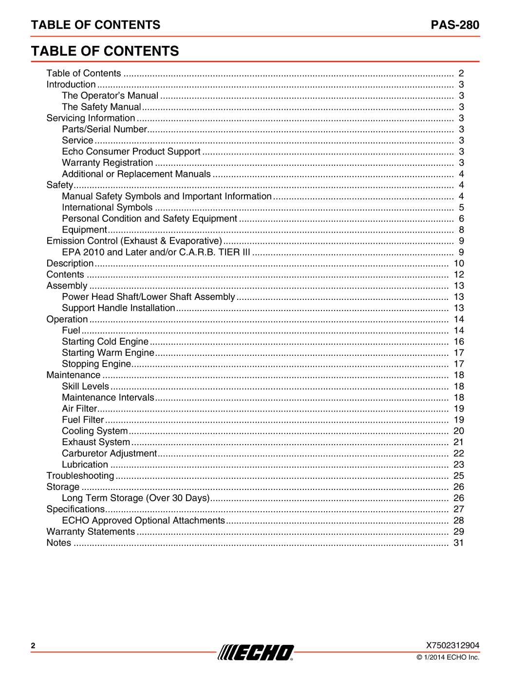 Echo PAS-280 specifications Table of Contents 