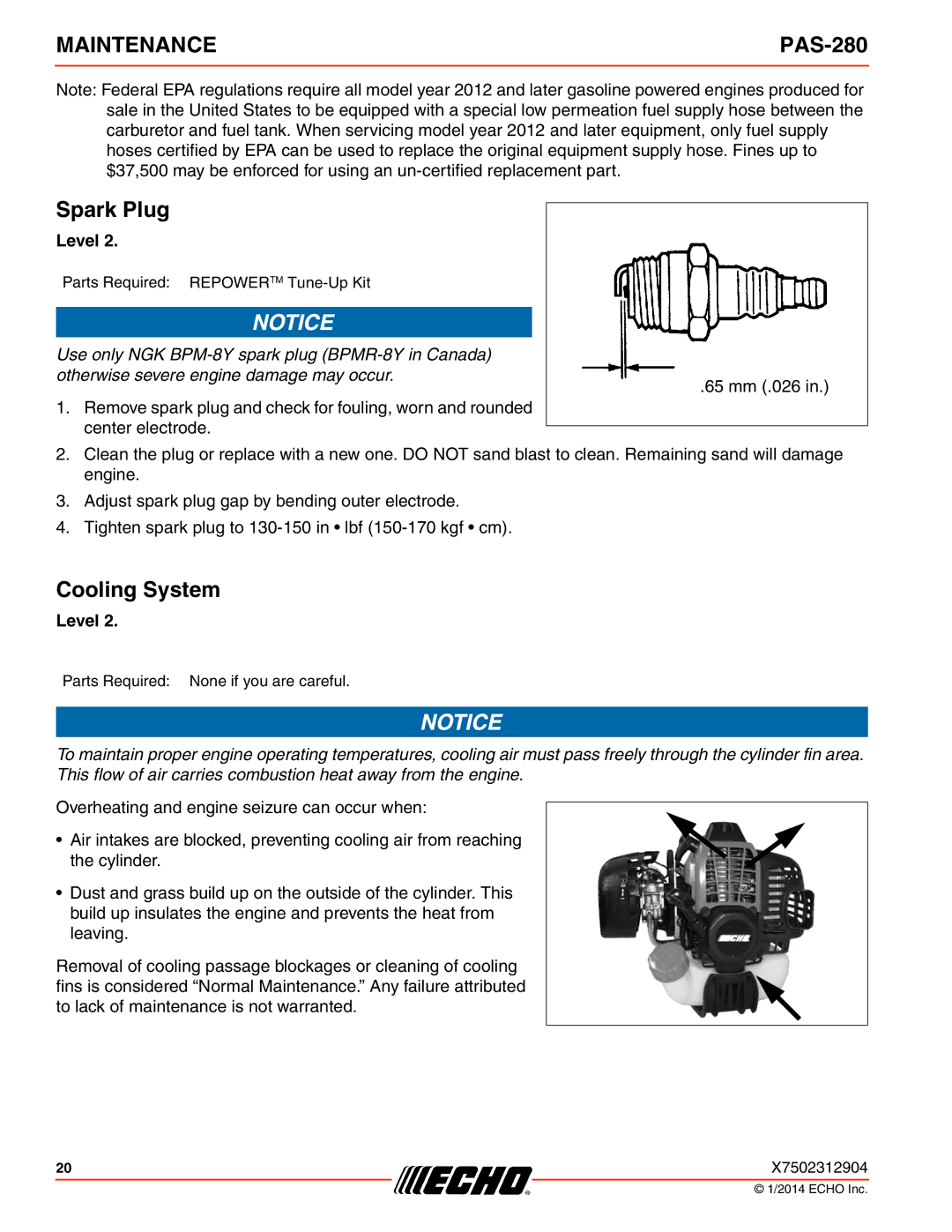 Echo PAS-280 specifications Spark Plug, Cooling System 