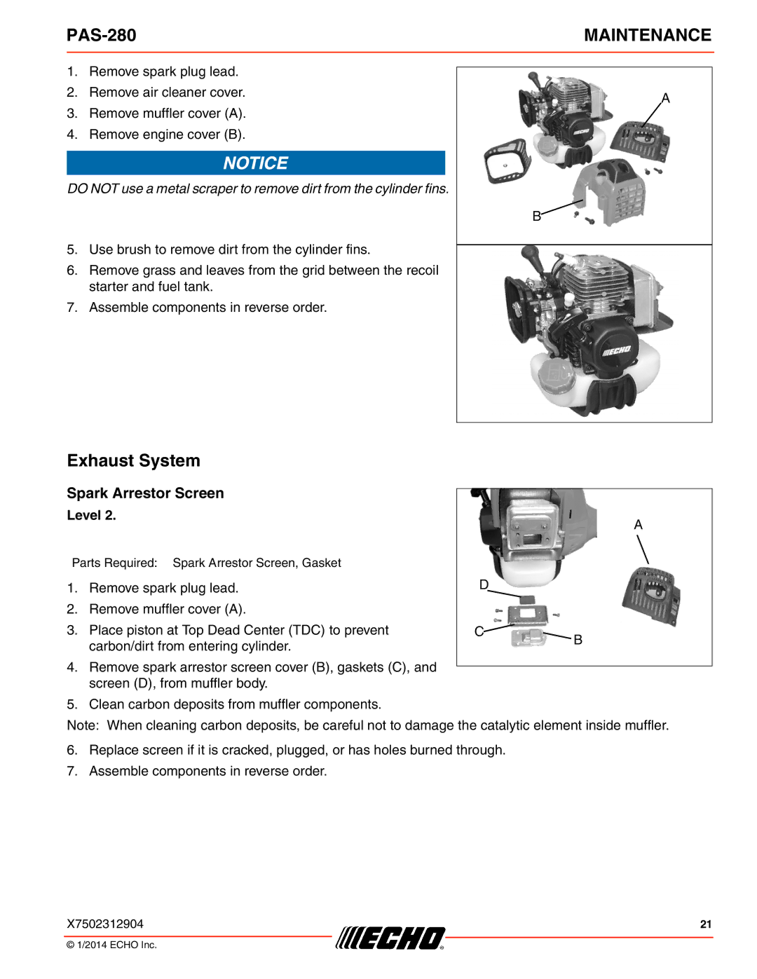 Echo PAS-280 specifications Exhaust System, Spark Arrestor Screen 