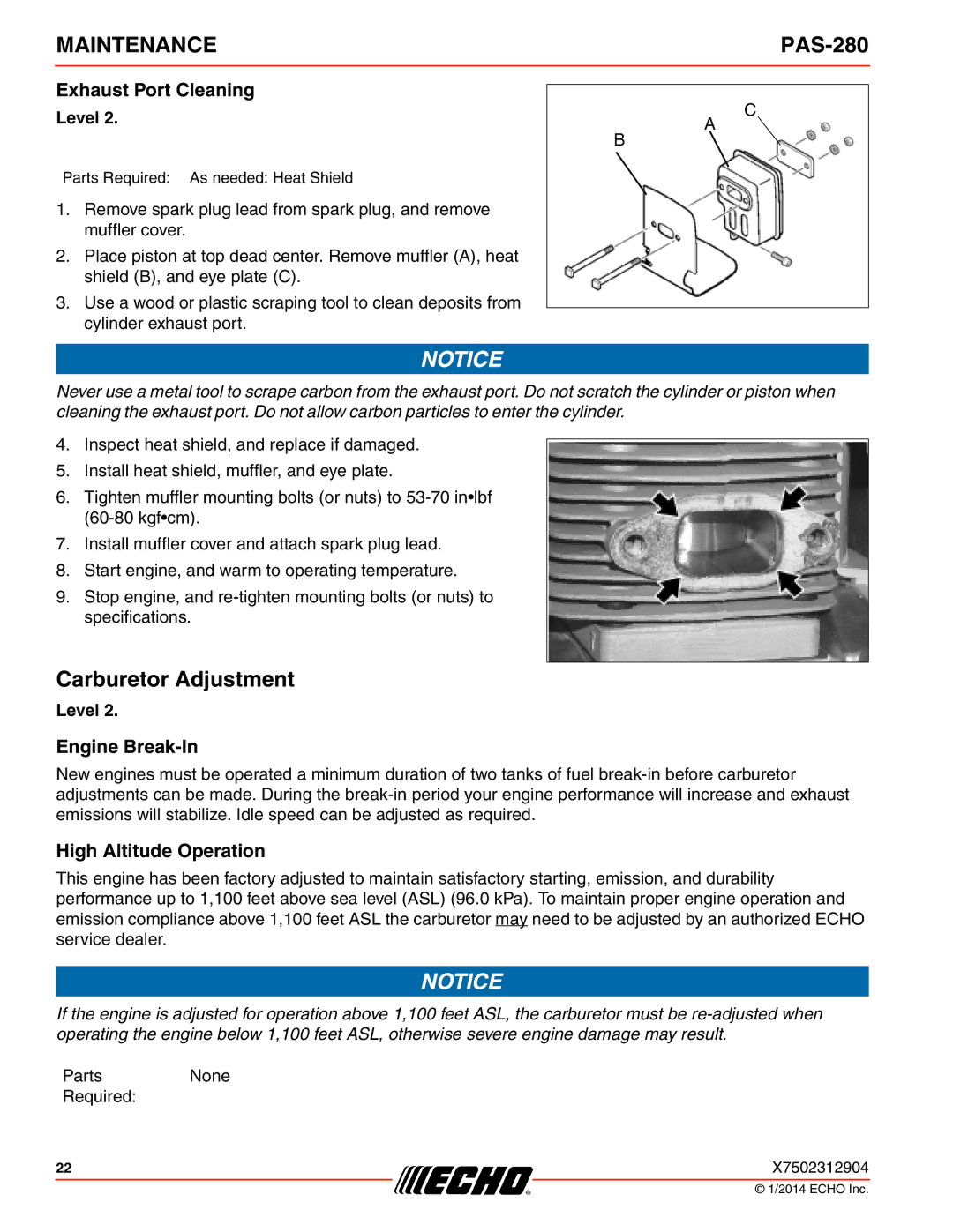 Echo PAS-280 specifications Carburetor Adjustment, Exhaust Port Cleaning, Engine Break-In, High Altitude Operation 