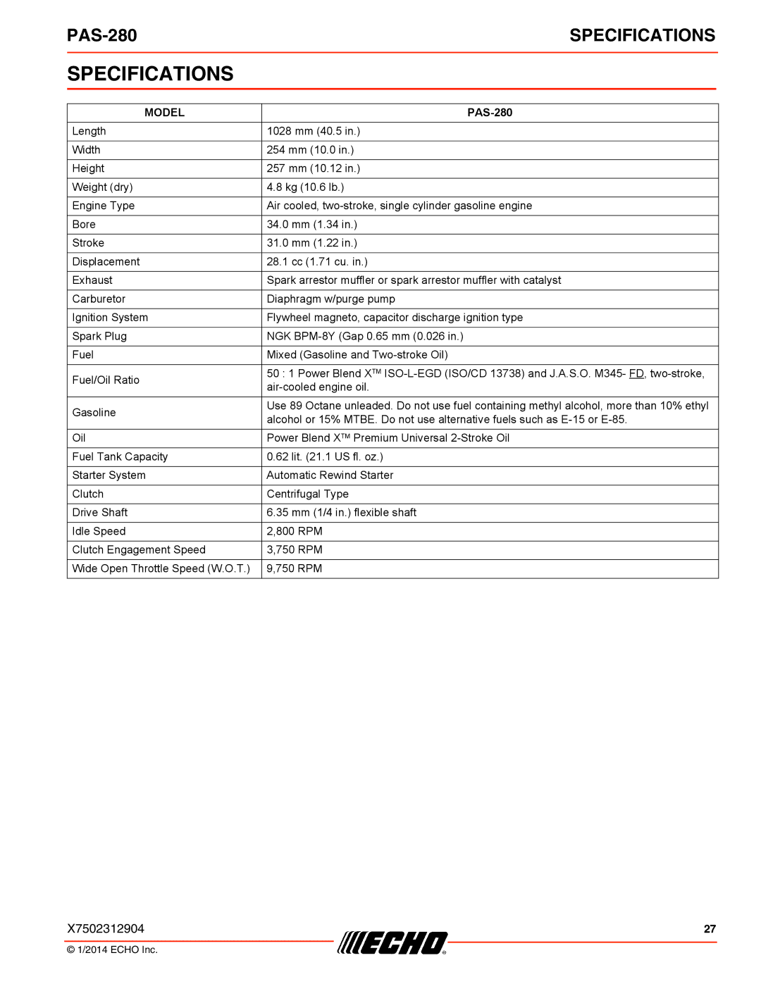 Echo PAS-280 specifications Specifications, Model 