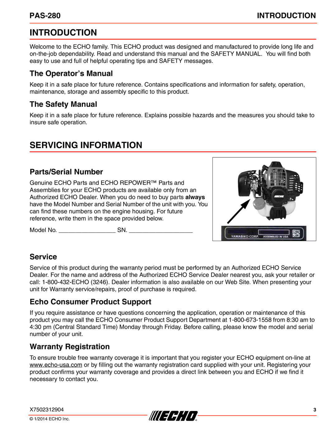 Echo PAS-280 specifications Introduction, Servicing Information 