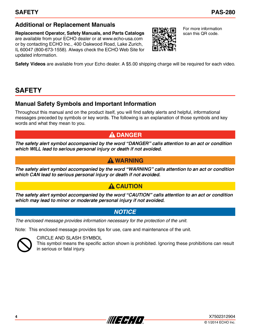 Echo PAS-280 specifications Additional or Replacement Manuals, Manual Safety Symbols and Important Information 