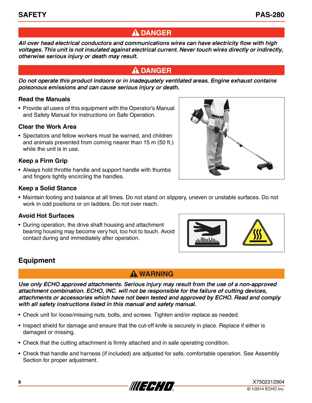 Echo PAS-280 specifications Equipment 