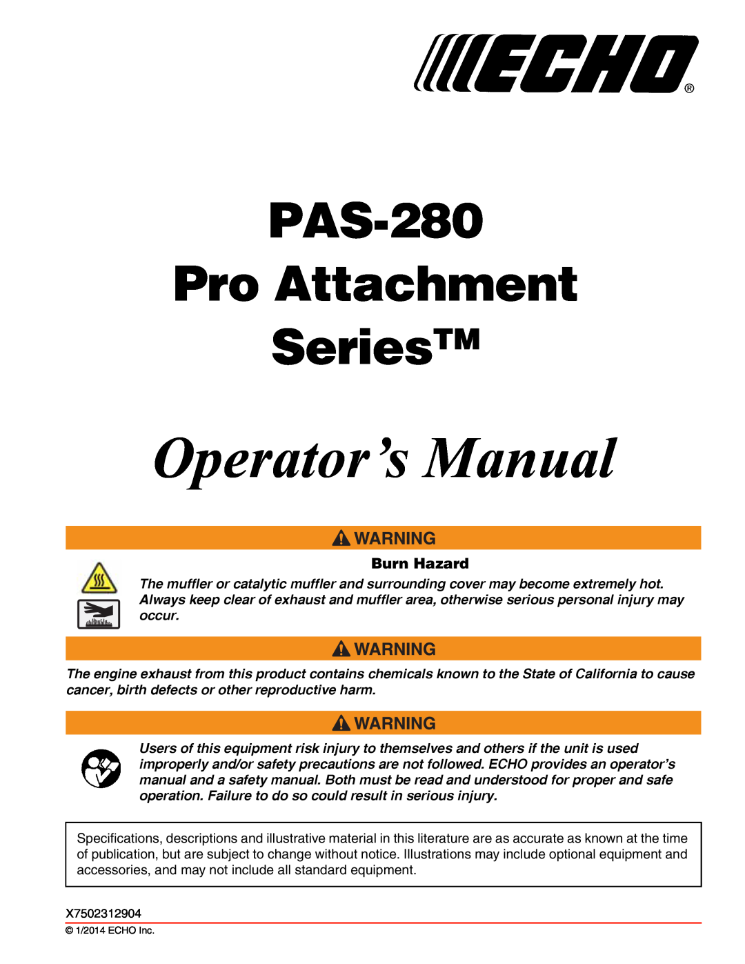Echo specifications Burn Hazard, Operator’s Manual, PAS-280 Pro Attachment SeriesTM 