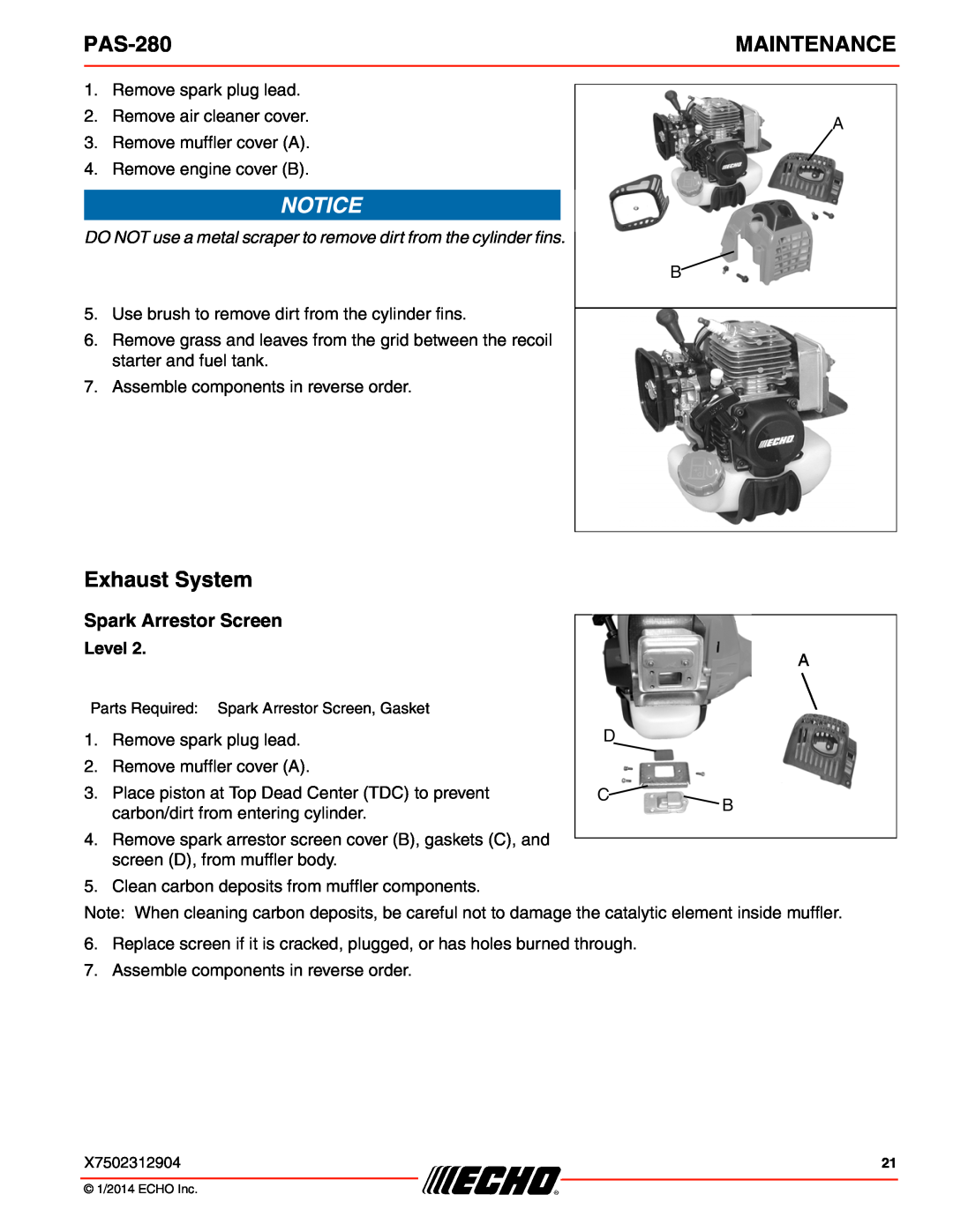 Echo PAS-280 specifications Exhaust System, Spark Arrestor Screen, Maintenance, Level 
