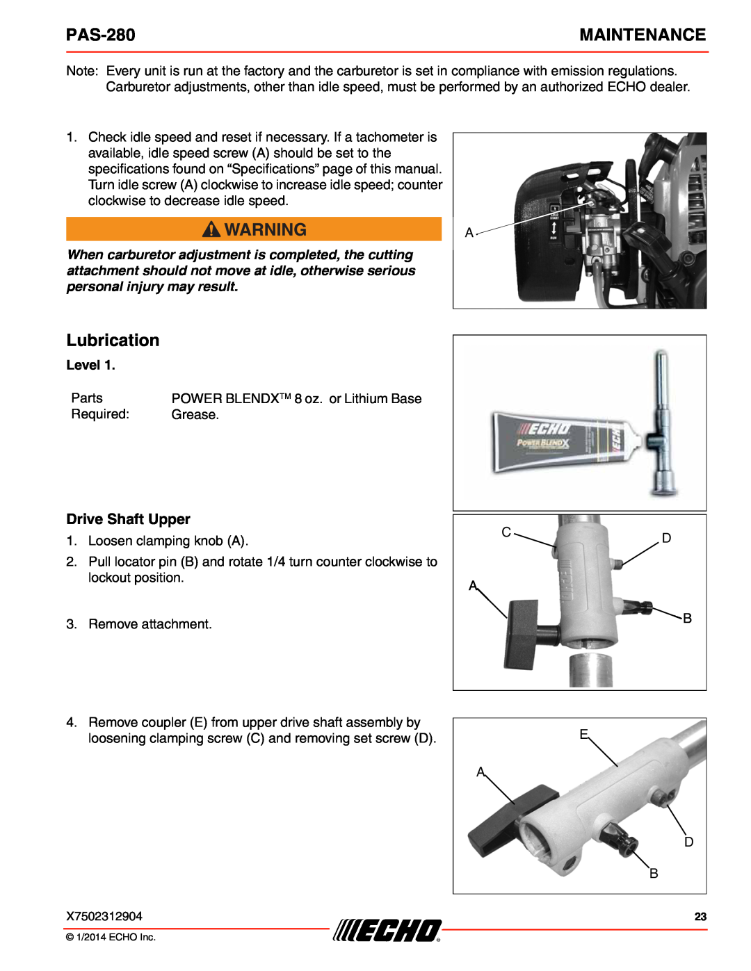 Echo PAS-280 specifications Lubrication, Drive Shaft Upper, Maintenance, Level 