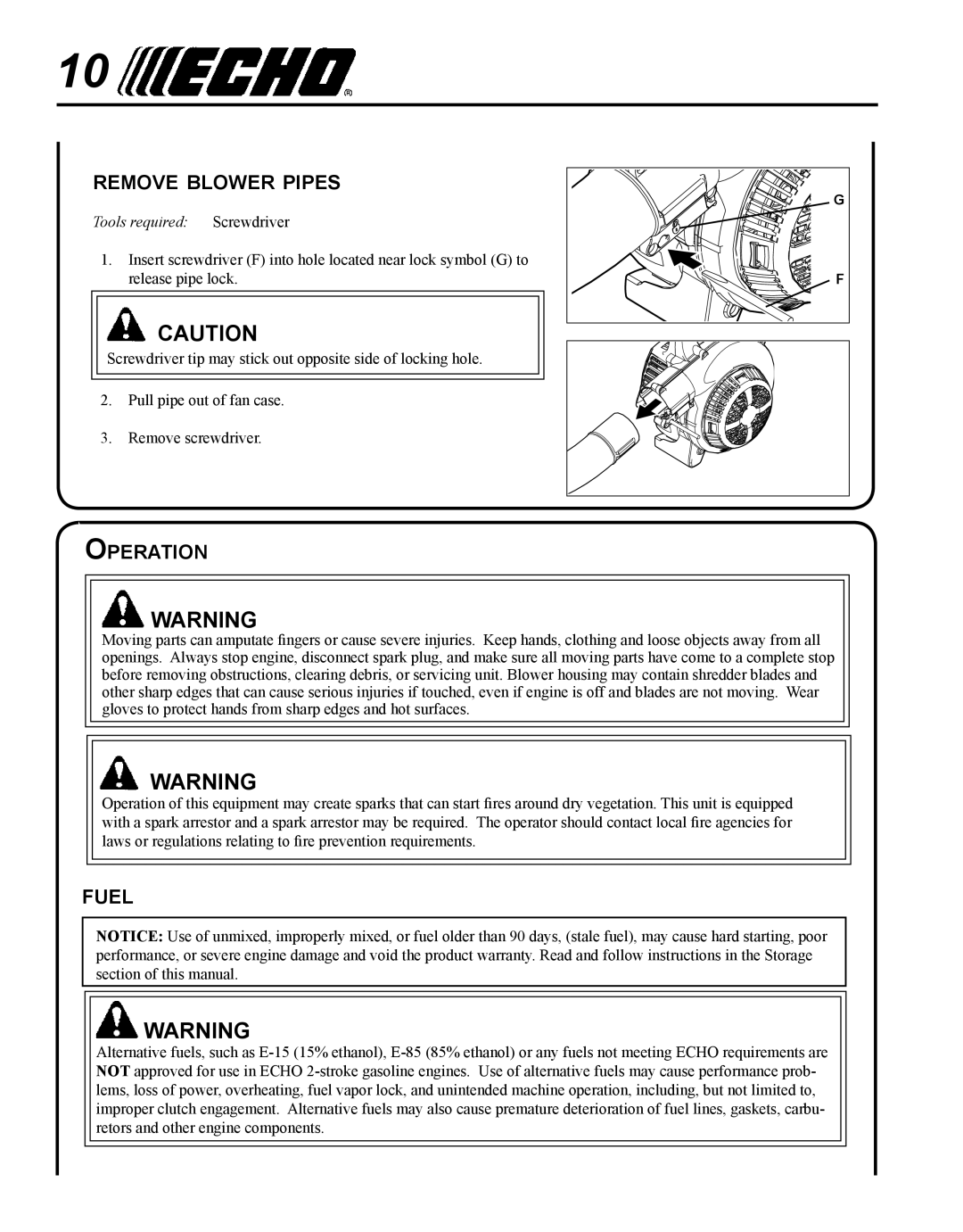 Echo PB-250 manual Remove blower pipes, Operation, Fuel 