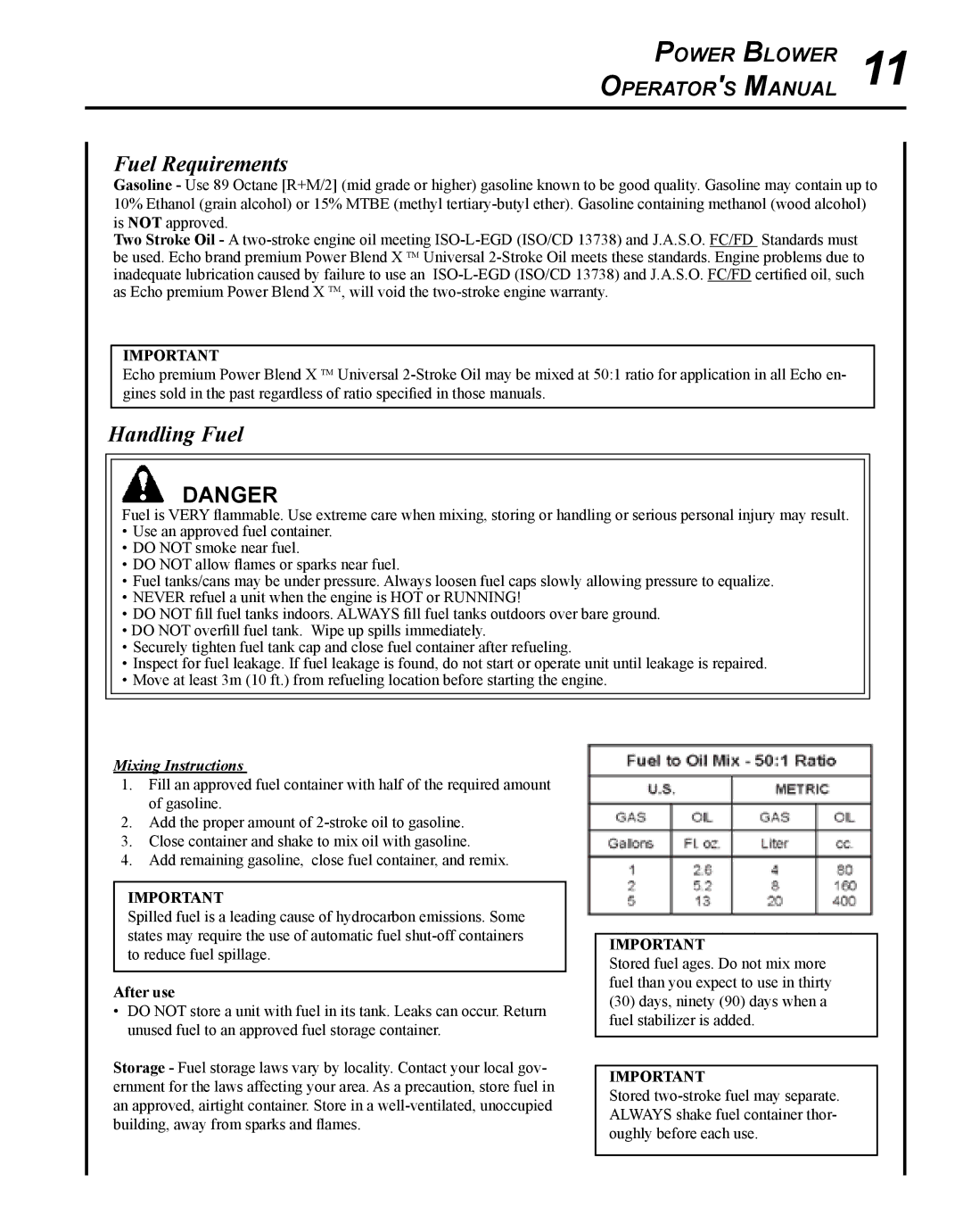 Echo PB-250 manual Fuel Requirements, Handling Fuel 