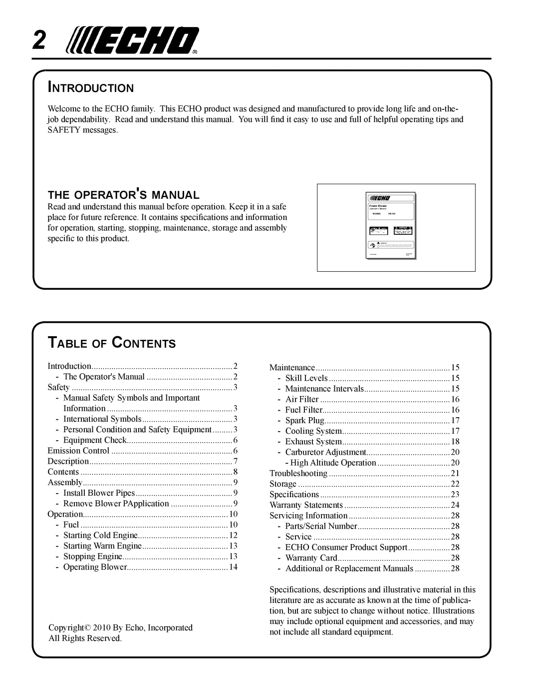 Echo PB-250 Introduction, Operators manual, Table of Contents 