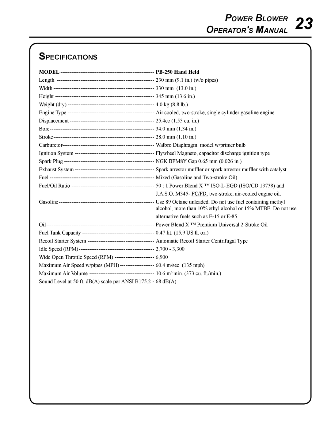 Echo manual Specifications, Model PB-250 Hand Held 