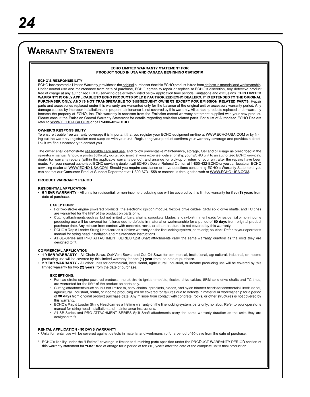 Echo PB-250 manual Warranty Statements, Exceptions 