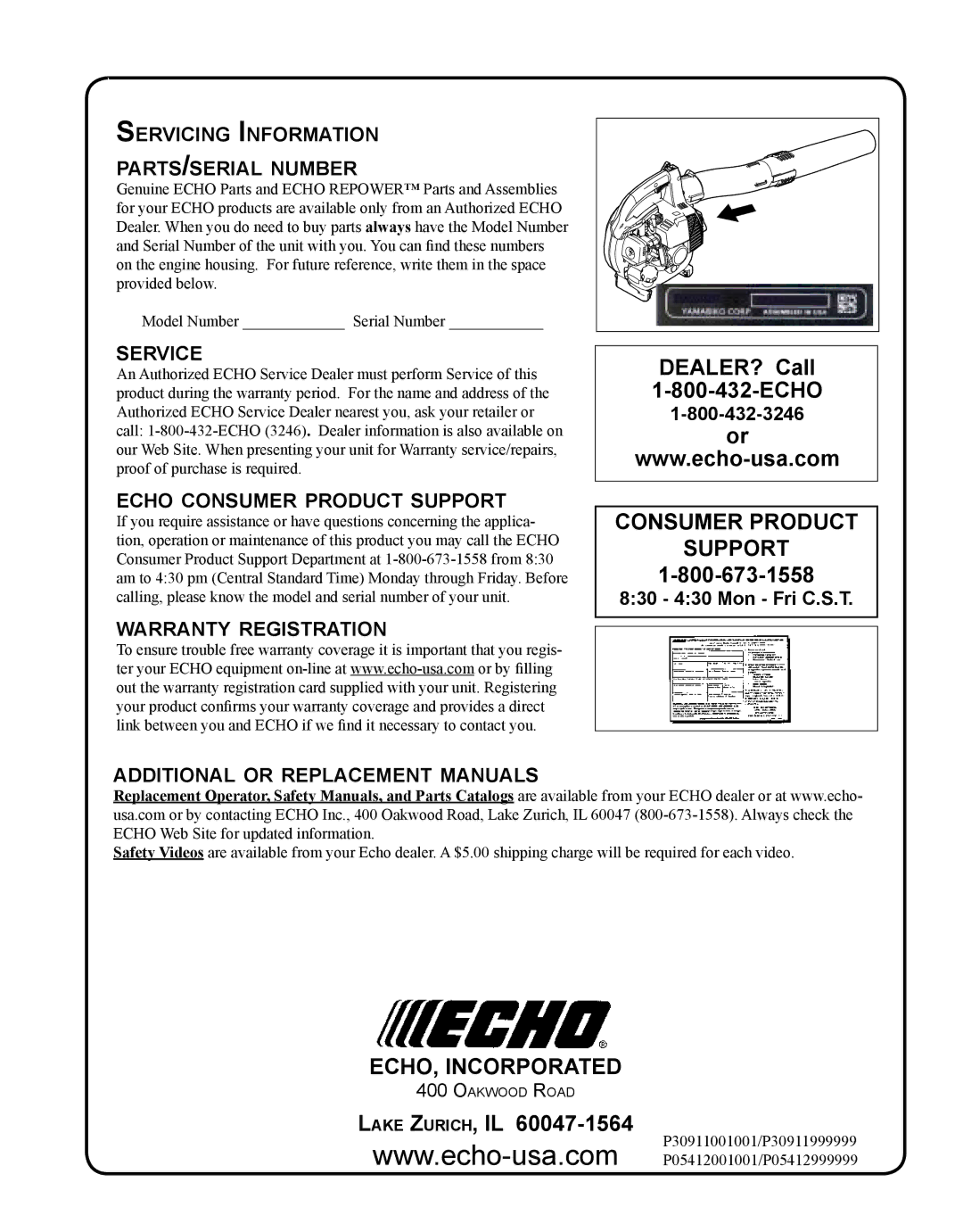 Echo PB-250 manual Servicing Information parts/serial number, Service, Echo consumer product support 