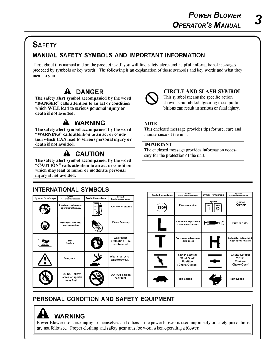 Echo PB-250 manual Safety Manual safety symbols and important information, International symbols 