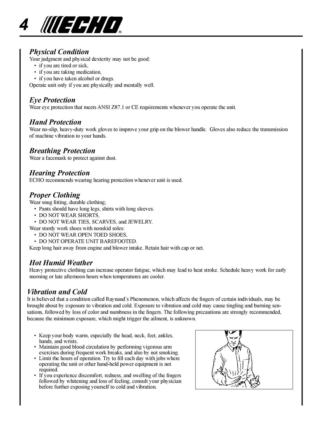 Echo PB-250 Physical Condition, Eye Protection, Hand Protection, Breathing Protection, Hearing Protection, Proper Clothing 