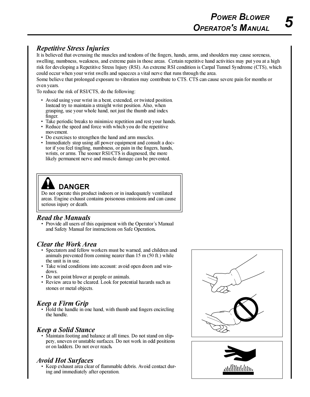 Echo PB-250 manual Repetitive Stress Injuries, Read the Manuals, Clear the Work Area, Keep a Firm Grip, Keep a Solid Stance 