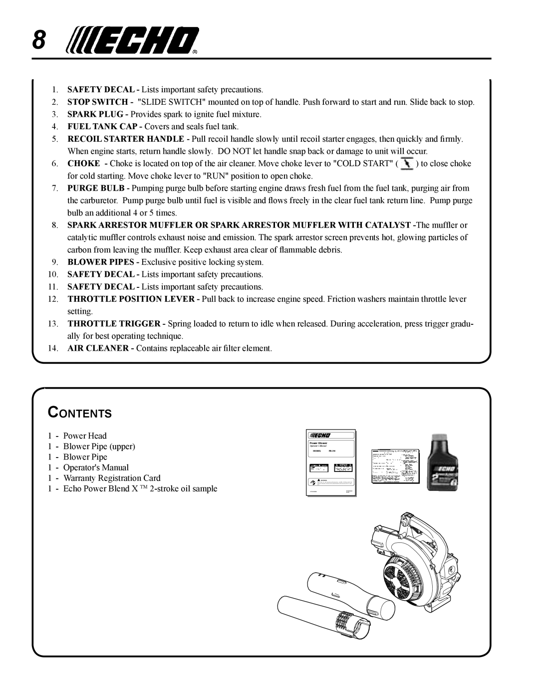 Echo PB-250 manual Contents 