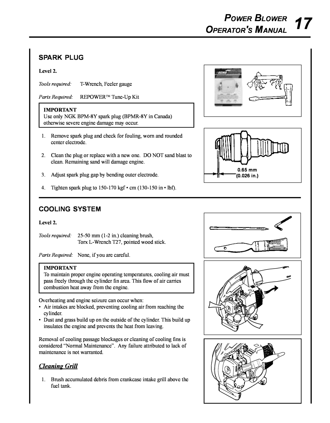 Echo PB-250 manual spark plug, cooling system, Cleaning Grill, Power Blower Operators Manual 