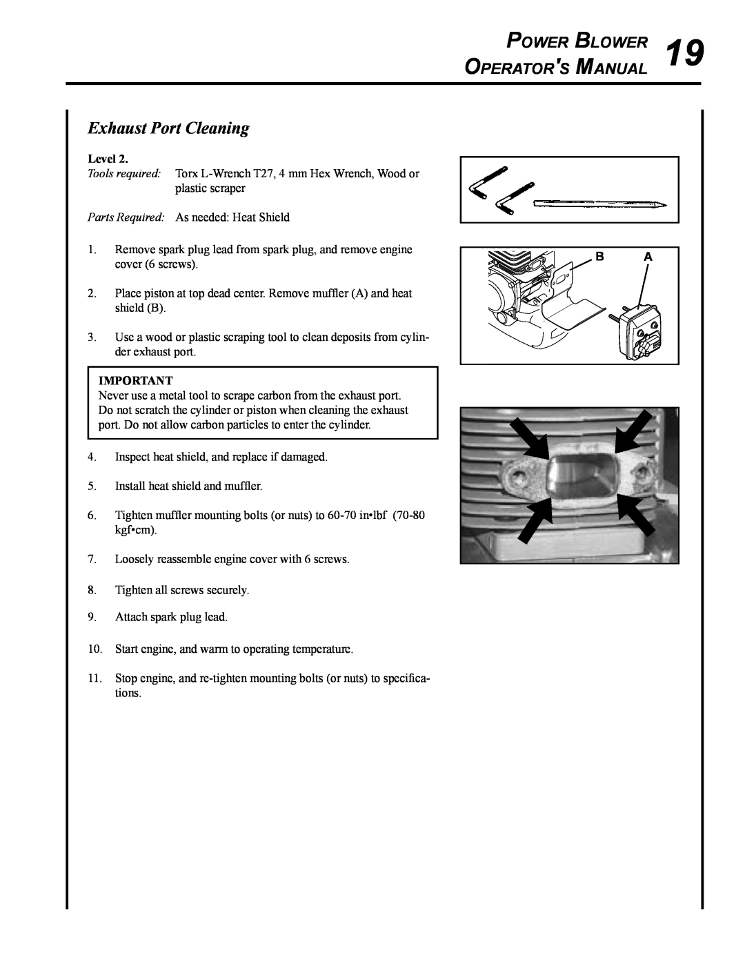 Echo PB-250 manual Exhaust Port Cleaning, Power Blower 19 Operators Manual 