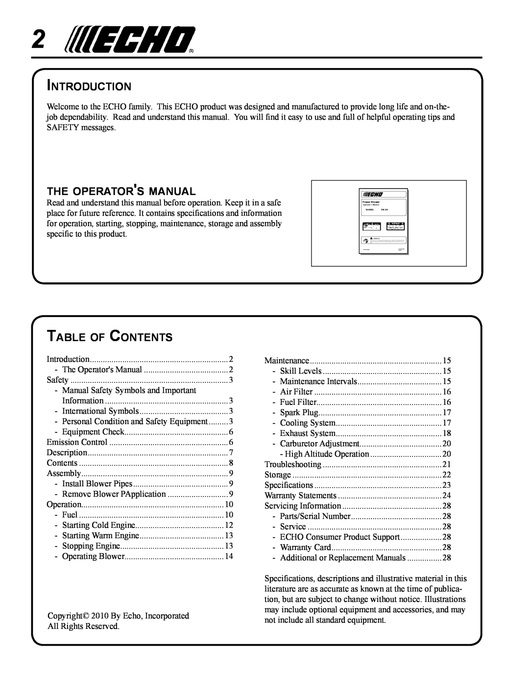 Echo PB-250 Introduction, the operators manual, Table of Contents 
