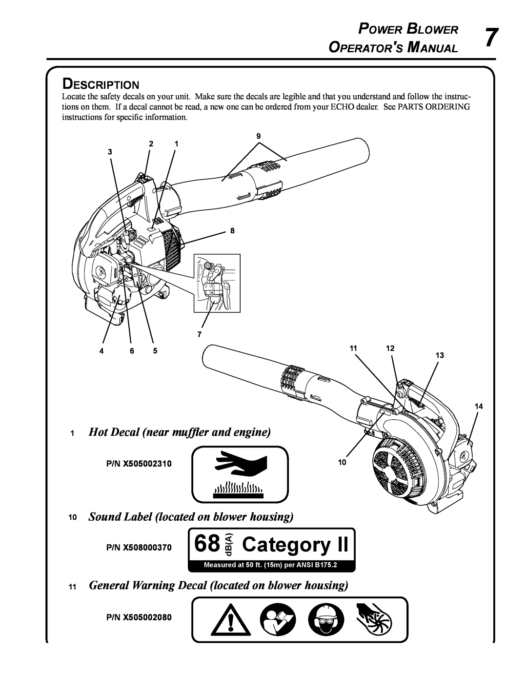 Echo PB-250 manual Hot Decal near muffler and engine, Sound Label located on blower housing, Description, 68dBA, Category 