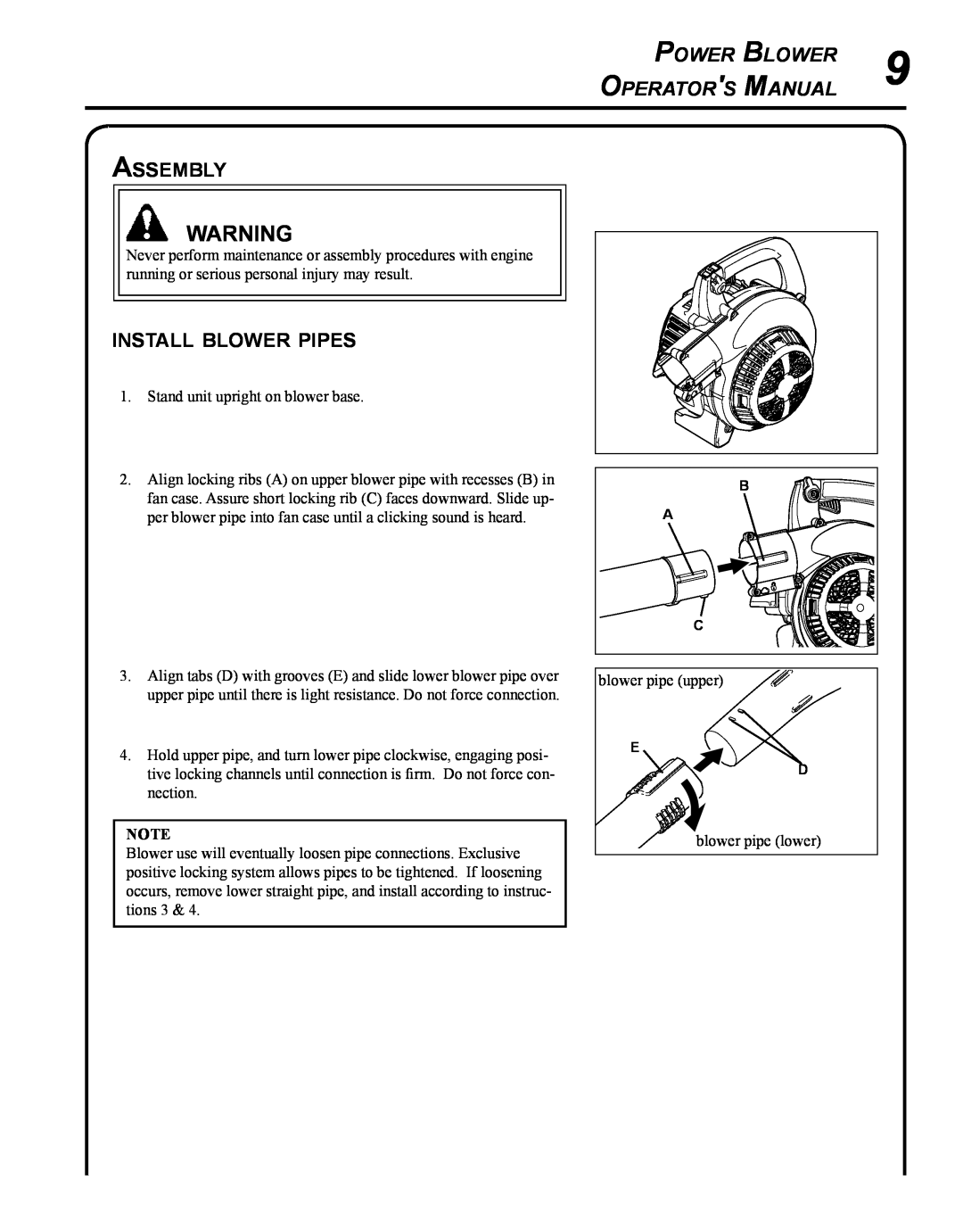Echo PB-250 manual Assembly, install blower pipes, Power Blower, Operator s Manual 